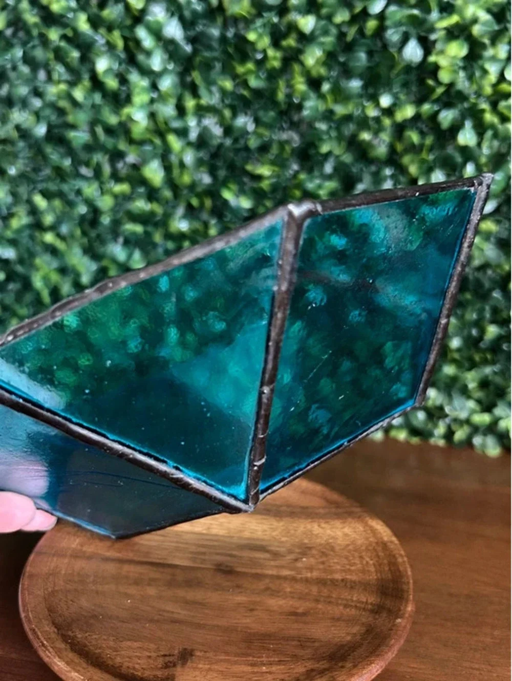 Blue Teal Stained Glass Leaded Geometric Display Bowl 7.5”